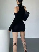 Ruched Bodycon Dress Women Turtleneck Mini Dresses With Sleeves Autumn Black Skinny Stretchy Party Vestidos Fashion Y2K Clothing - Image 2