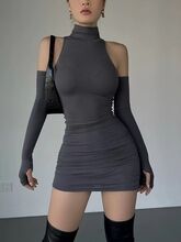 Ruched Bodycon Dress Women Turtleneck Mini Dresses With Sleeves Autumn Black Skinny Stretchy Party Vestidos Fashion Y2K Clothing - Image 6