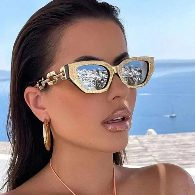 Fashion Small Cat Eye Sunglasses Women Trending Product 2024 Luxury Brand Cateye Chain Leg Sun Glasses Ladies Black Shades UV400