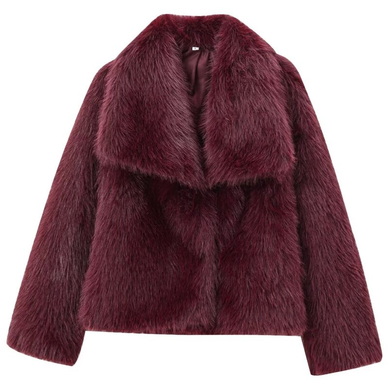 HXAO Women's Fur Coat Women 2024 Plush Burgundy Bomber Jacket Solid Crop Long Sleeve Jacket Warm Winter Coats Woman Casual Coats - Image 2