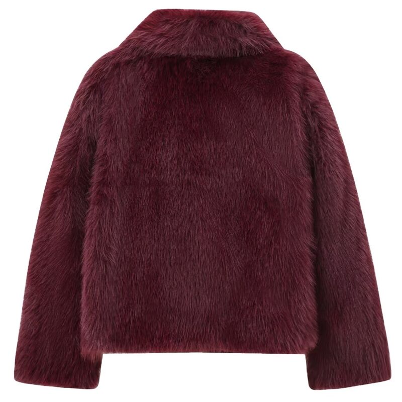 HXAO Women's Fur Coat Women 2024 Plush Burgundy Bomber Jacket Solid Crop Long Sleeve Jacket Warm Winter Coats Woman Casual Coats - Image 3