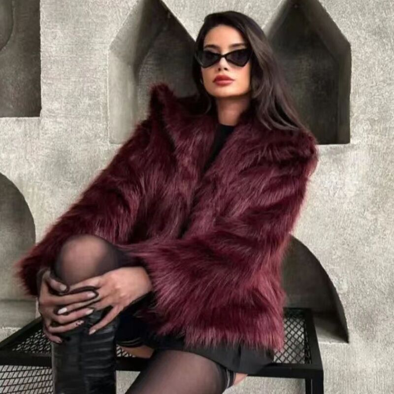 HXAO Women's Fur Coat Women 2024 Plush Burgundy Bomber Jacket Solid Crop Long Sleeve Jacket Warm Winter Coats Woman Casual Coats - Image 4