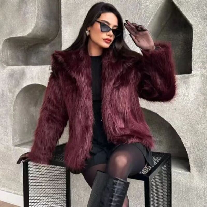 HXAO Women's Fur Coat Women 2024 Plush Burgundy Bomber Jacket Solid Crop Long Sleeve Jacket Warm Winter Coats Woman Casual Coats - Image 5