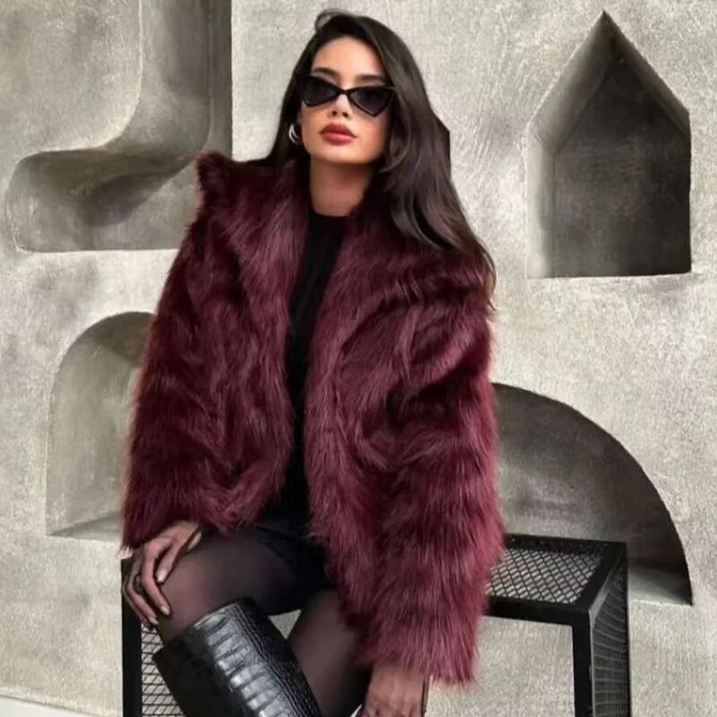 HXAO Women's Fur Coat Women 2024 Plush Burgundy Bomber Jacket Solid Crop Long Sleeve Jacket Warm Winter Coats Woman Casual Coats - Image 6