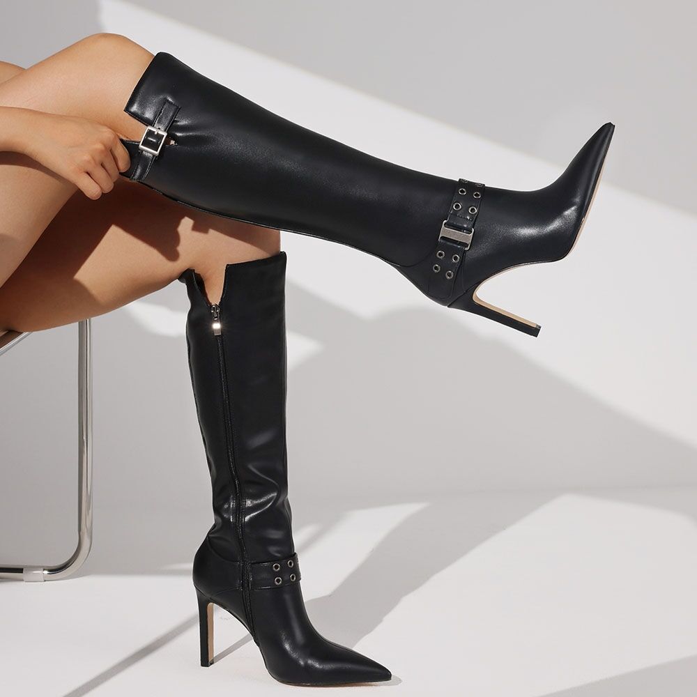 Sexy Women Knee High Boots Buckle Rivet Design Pointed Toe Thin Heel Shoes Fashion Luxury Party Halloween Shoes Women - Image 3